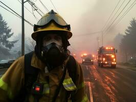 Female firefighter bravely battles the fire AI Generative photo