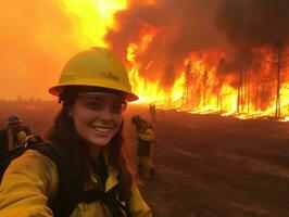 Female firefighter bravely battles the fire AI Generative photo