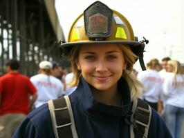 Female firefighter bravely battles the fire AI Generative photo