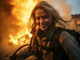 Female firefighter bravely battles the fire AI Generative photo