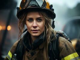 Female firefighter bravely battles the fire AI Generative photo