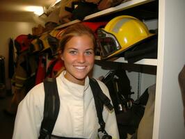 Female firefighter bravely battles the fire AI Generative photo