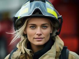Female firefighter bravely battles the fire AI Generative photo