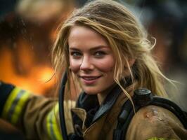 Female firefighter bravely battles the fire AI Generative photo