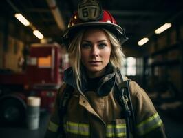 Female firefighter bravely battles the fire AI Generative photo