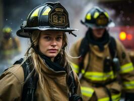 Female firefighter bravely battles the fire AI Generative photo