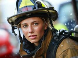 Female firefighter bravely battles the fire AI Generative photo