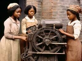 histórico de colores foto de un niños diario trabajo en el 1900 ai generativo