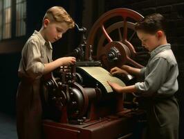 histórico de colores foto de un niños diario trabajo en el 1900 ai generativo