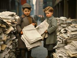 histórico de colores foto de un niños diario trabajo en el 1900 ai generativo