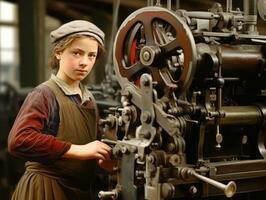 histórico de colores foto de un niños diario trabajo en el 1900 ai generativo