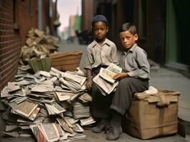 Historic colored photo of a kids daily work in the 1900s AI Generative