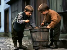 Historic colored photo of a kids daily work in the 1900s AI Generative