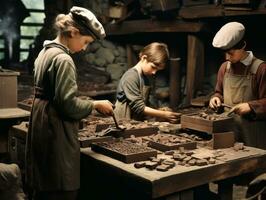 histórico de colores foto de un niños diario trabajo en el 1900 ai generativo