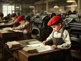 histórico de colores foto de un niños diario trabajo en el 1900 ai generativo