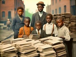 histórico de colores foto de un niños diario trabajo en el 1900 ai generativo