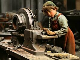 histórico de colores foto de un niños diario trabajo en el 1900 ai generativo