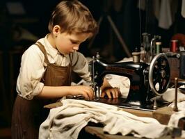 histórico de colores foto de un niños diario trabajo en el 1900 ai generativo