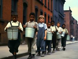 histórico de colores foto de un niños diario trabajo en el 1900 ai generativo