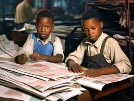 histórico de colores foto de un niños diario trabajo en el 1900 ai generativo