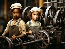 histórico de colores foto de un niños diario trabajo en el 1900 ai generativo