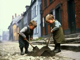 Historic colored photo of a kids daily work in the 1900s AI Generative