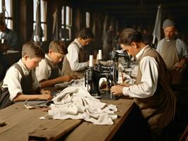 Historic colored photo of a kids daily work in the 1900s AI Generative