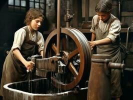 histórico de colores foto de un niños diario trabajo en el 1900 ai generativo