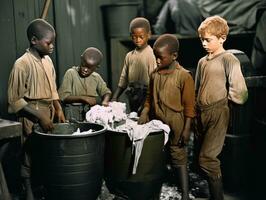 histórico de colores foto de un niños diario trabajo en el 1900 ai generativo