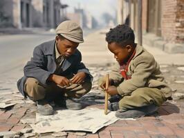 histórico de colores foto de un niños diario trabajo en el 1900 ai generativo