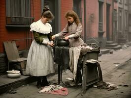 Historic colored photo of a kids daily work in the 1900s AI Generative