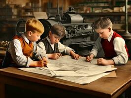 Historic colored photo of a kids daily work in the 1900s AI Generative