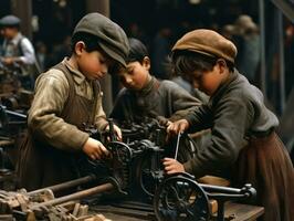 Historic colored photo of a kids daily work in the 1900s AI Generative