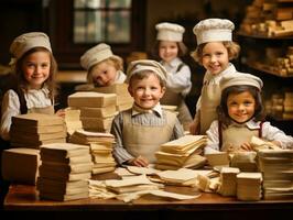 Historic colored photo of a kids daily work in the 1900s AI Generative