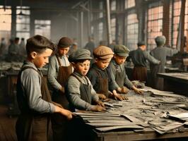 Historic colored photo of a kids daily work in the 1900s AI Generative