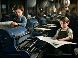 histórico de colores foto de un niños diario trabajo en el 1900 ai generativo