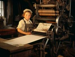 histórico de colores foto de un niños diario trabajo en el 1900 ai generativo