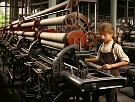 histórico de colores foto de un niños diario trabajo en el 1900 ai generativo