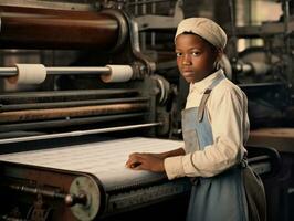 histórico de colores foto de un niños diario trabajo en el 1900 ai generativo