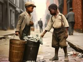 histórico de colores foto de un niños diario trabajo en el 1900 ai generativo