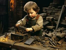 histórico de colores foto de un niños diario trabajo en el 1900 ai generativo