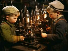 histórico de colores foto de un niños diario trabajo en el 1900 ai generativo