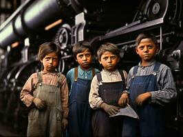 histórico de colores foto de un niños diario trabajo en el 1900 ai generativo