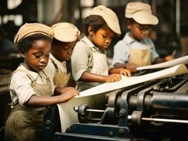 histórico de colores foto de un niños diario trabajo en el 1900 ai generativo