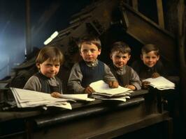 histórico de colores foto de un niños diario trabajo en el 1900 ai generativo