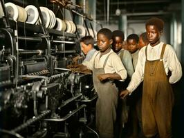 histórico de colores foto de un niños diario trabajo en el 1900 ai generativo