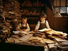 histórico de colores foto de un niños diario trabajo en el 1900 ai generativo