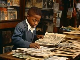 histórico de colores foto de un niños diario trabajo en el 1900 ai generativo