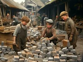 Historic colored photo of a kids daily work in the 1900s AI Generative