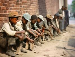 histórico de colores foto de un niños diario trabajo en el 1900 ai generativo